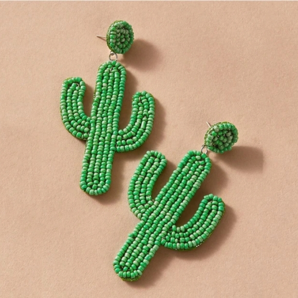Long 3" Cactus Cute Handmade Large Green Cacti Beaded Post Earrings Beads New - Picture 1 of 3